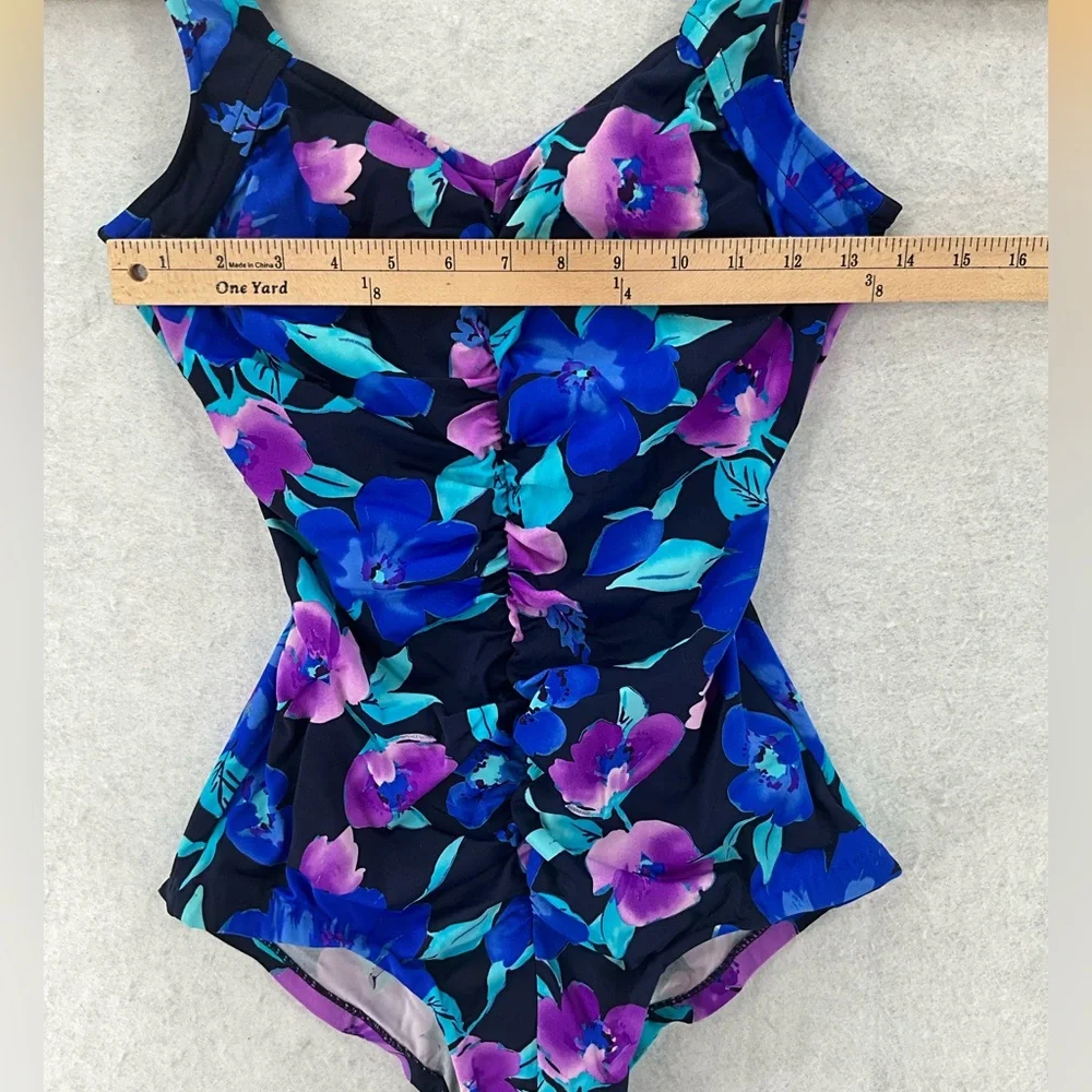 La Cove Swimsuit Floral Ruched‎ Front Purple Blue Black Size 12